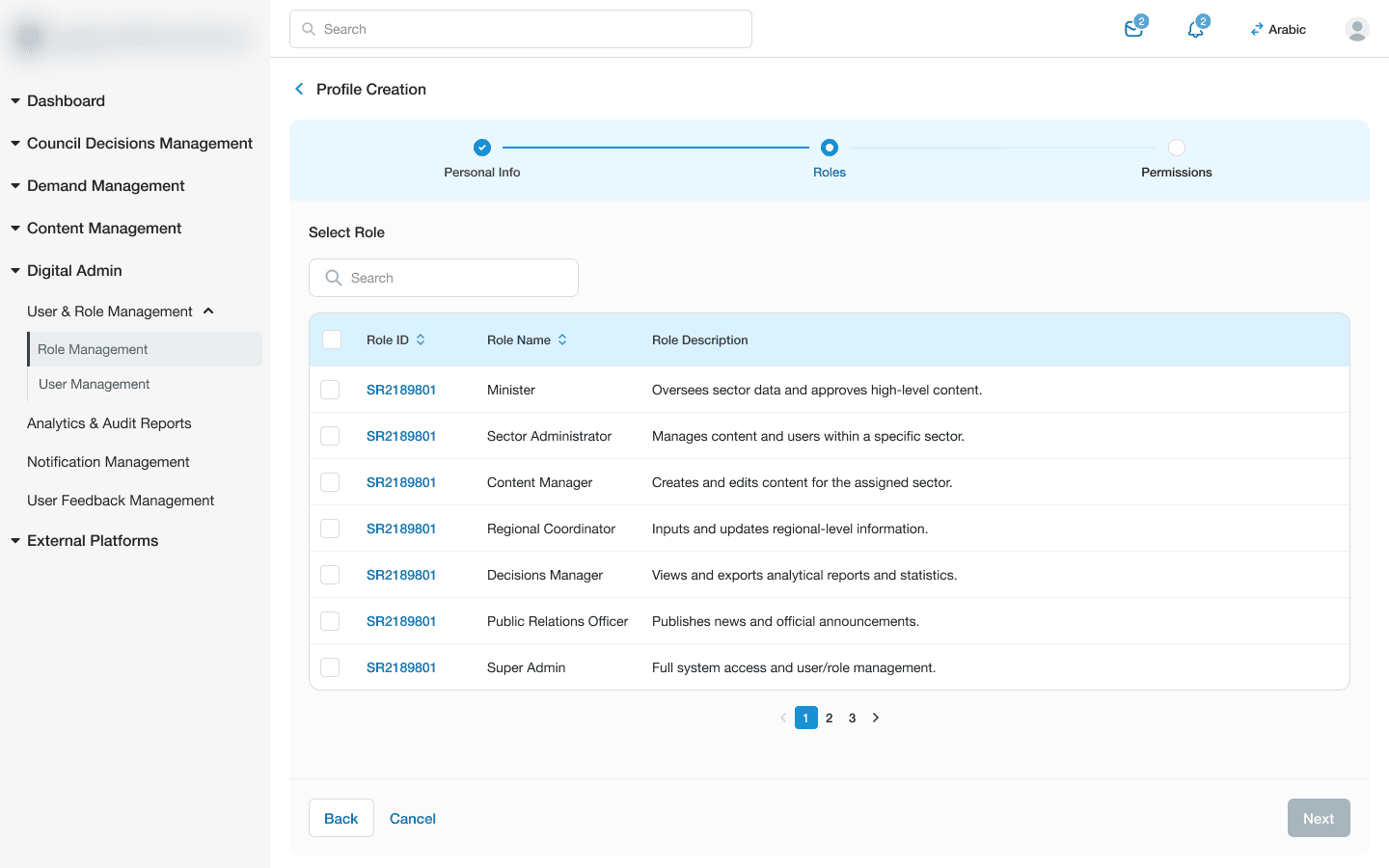 Profile creation wizard with role assignment step