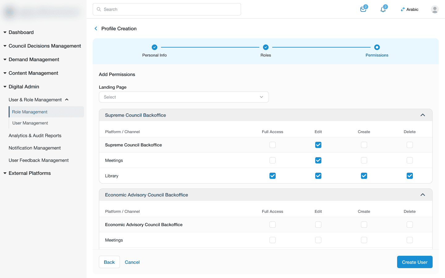 Permissions step showing per-platform action checkboxes