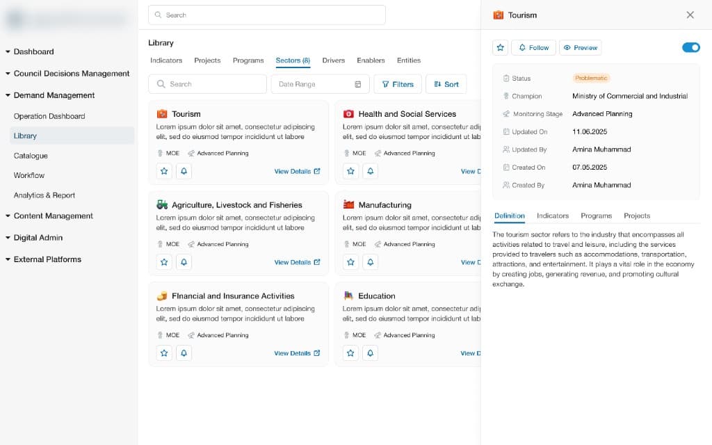 Sector library catalogue with sector detail panel
